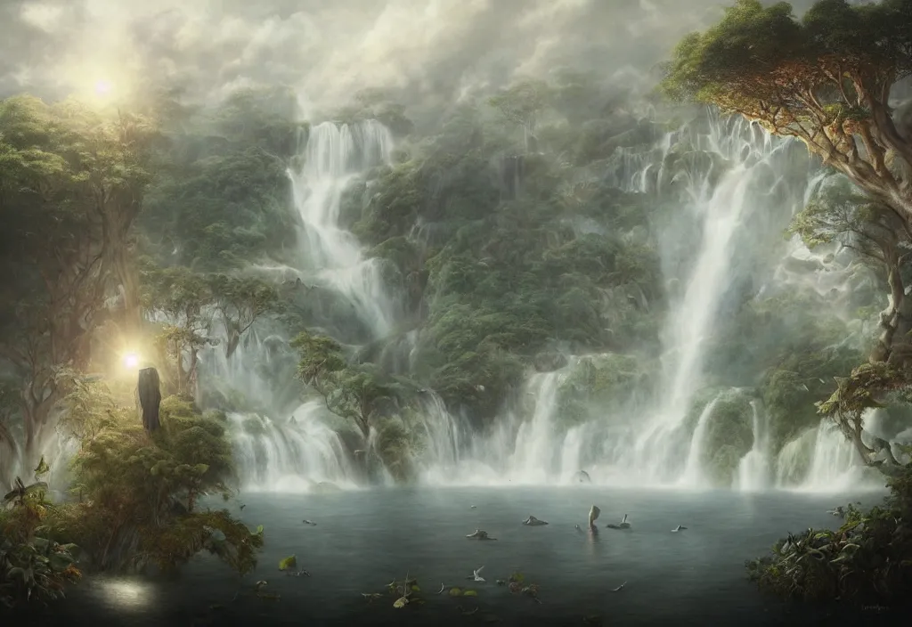 Image similar to floating lands in-clouds, foggy, volumetric fog, flying whales, sun beams, blooming, bird flocks!!, giant mushrooms, waterfalls, lianas and roots; by Tom Bagshaw, Ivan Shishkin, Hans Thoma, Asher Brown Durand