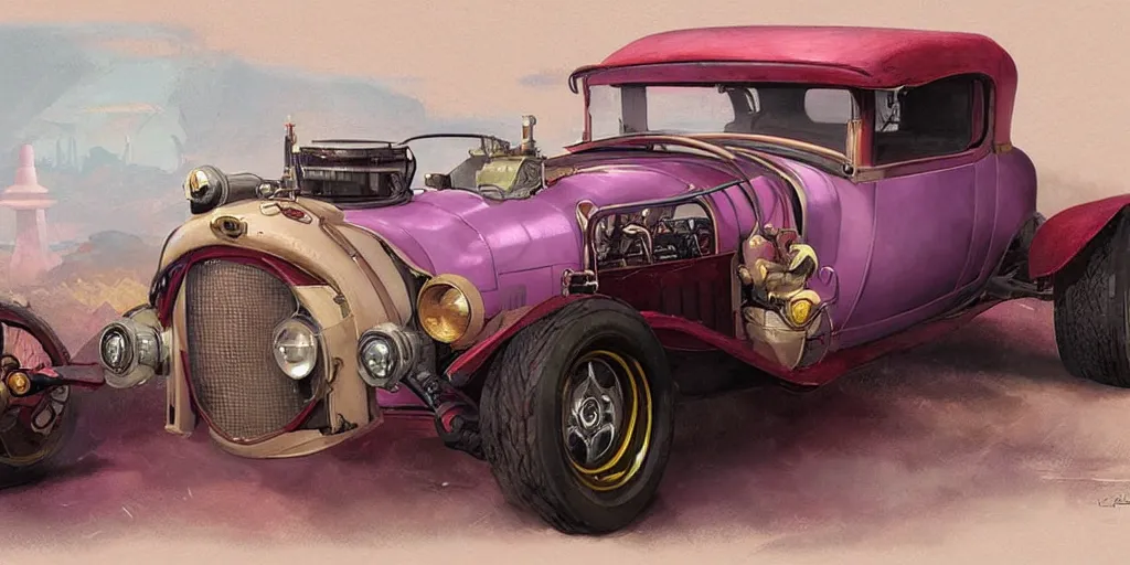 Prompt: 1920's hotrod featured in no mans sky concept art, highly detailed, soft colors, art by by Charlie Bowater, by Mark Brooks