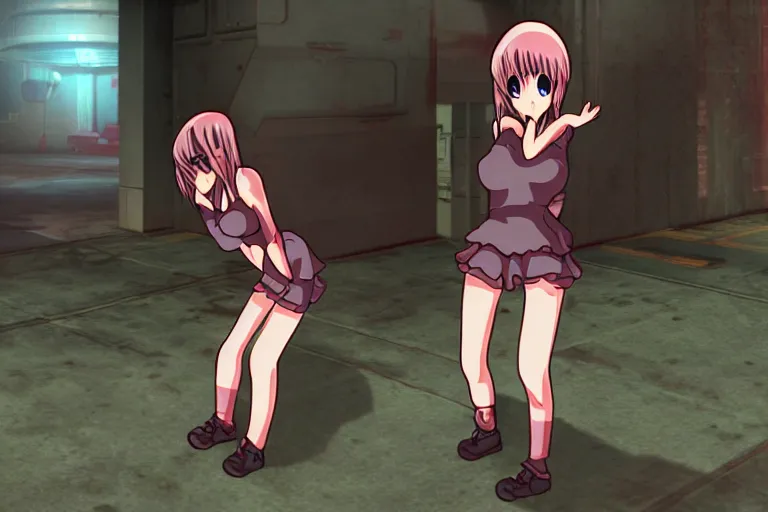 Image similar to an anime girl in a screenshot of the video game doom, the anime girl is crouching