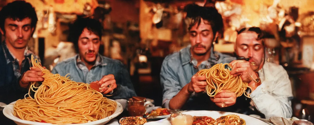 Image similar to celebrities eating spaghetti out of a giant bowl, high detailed face, facial expression, small details, intricate, canon 5 0 mm, cinematic lighting, photography, film, kodachrome