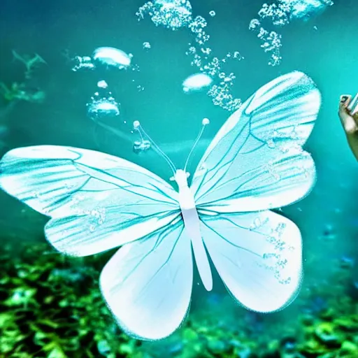 Prompt: ethereal! pale blue butterfly!! comercial hd underwater bubbles photography