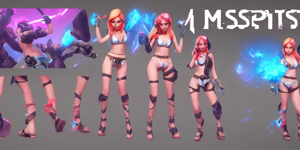 Image similar to Character sheet of pool party miss fortune (League of Legends). 3d unreal engine 5 trending on artstation