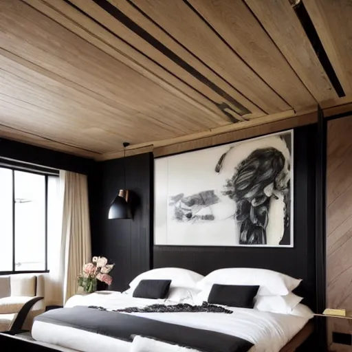 Image similar to bedroom, stone, interior design, stylish luxury hotel bedroom design, yakisugi, black vertical slatted timber, textures, feminine, black walls, art, vase with flowers, Japanese and Scandinavian influences