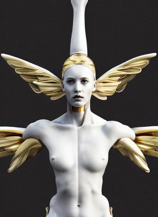 Prompt: a statue made of white marble with gold veins, of an tempting gorgeous futuristic cybernetic angel girl, prostheses, transhumanism, full body shot, perfect symmetrical body, perfect symmetrical face, hyper realistic, hyper detailed, by johannen voss, by peter kemp, by monia merlo, by michelangelo, octane render, blender, 8 k