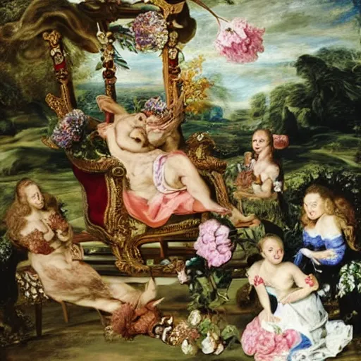 Prompt: realistic Pepe frog relaxed in a king's chair surrounded by beautiful women and flowers, clear weather, Peter Paul Rubens style