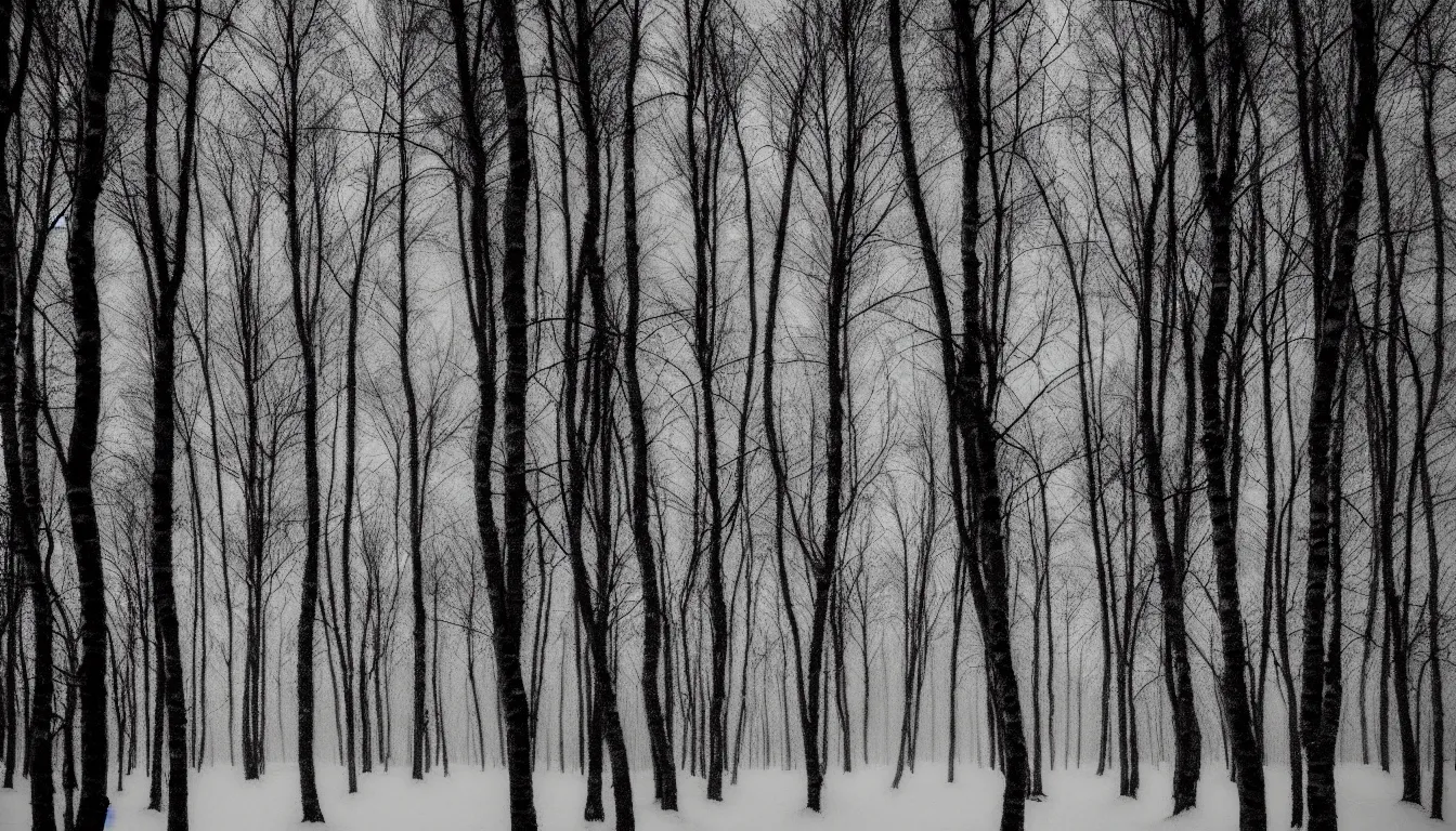 Image similar to birch forest, evening, blizzard, winter, dark, atmospheric, scary, claustrophobic, ambient vibe, very detailed, black and white, 4 k