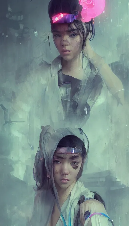 Prompt: altered carbon, madison beer, detailed portrait young gangster lolita, amazing beauty, visor, neon tattoo, styled hair, decorated traditional japanese ornaments by carl spitzweg, ismail inceoglu, vdragan bibin, hans thoma, greg rutkowski, alexandros pyromallis, perfect face, fine details, realistic shaded