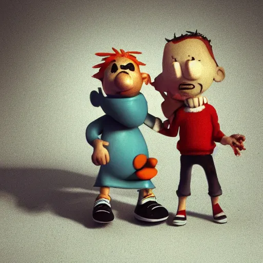 Prompt: Calvin and Hobbes as depressed, sick and dirty homeless adults on crack rock drugs, octane render, sculpture, concept art