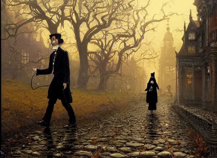 Prompt: wide long shot of a victorian ghoulish with walking with black cat. a fall day. hyperrealistic, highly detailed, intricate, smooth, fantasy painting by greg rutkowski and tim hildebrandt