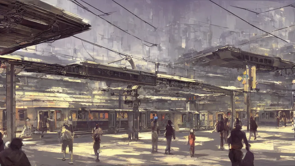 Image similar to A train station that serves trains and cable cars, brutalist architecture, craig mullins style, solarpunk, concept art