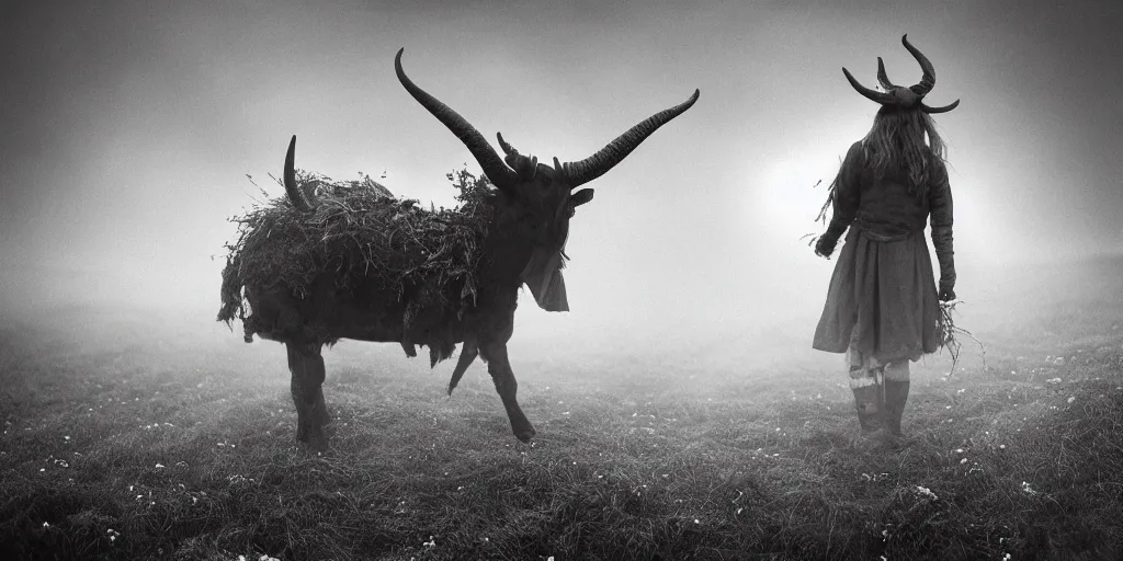 Prompt: portrait photography of flying tyrolean alpine female farmer, hovering over the ground, horns on head, roots and edelweiss growing from head, fog foggy fog, clothes made from hay, desaturated, fog, witch, wicca, 1. 2 f, 3 5 mm, dark, eerie, 1 9 2 0 s ghost photography