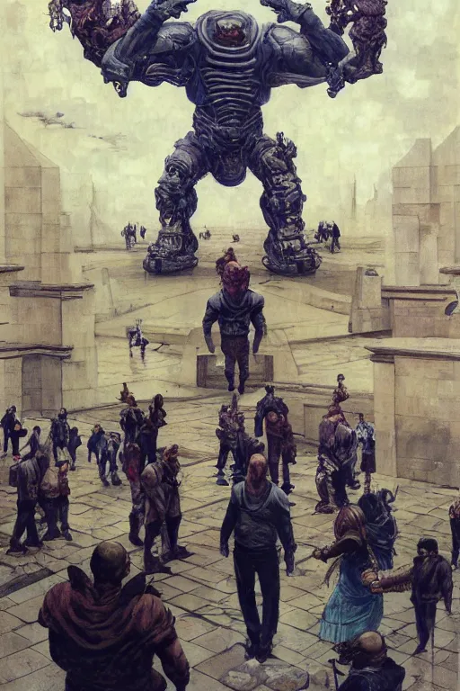 Image similar to scientists in a plaza observe a martyn ford as a huge bipedal brute wearing armour, painted by ruan jia, raymond swanland, lawrence alma tadema, zdzislaw beksinski, norman rockwell, jack kirby, tom lovell, alex malveda, greg staples