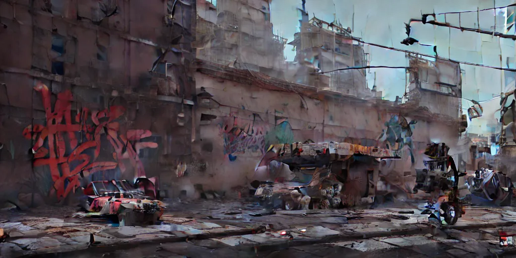 Image similar to graffiti in the style of ian mcque, brian sum, jamie hewlett, battlescared, damaged, hyperrealism, hyperrealistic, redshift render, hard surface modeling,