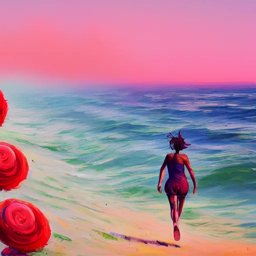 Image similar to portrait, giant rose flower head, woman running at the beach, surreal photography, sunrise, blue sky, dramatic light, impressionist painting, digital painting, artstation, simon stalenhag