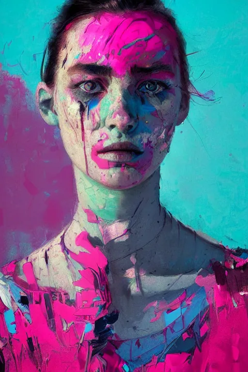 Image similar to portrait of a beautiful girl living in a postapoliptic forgotten world, she has seen war and has seen death, on her face you sadness and tears, in the colors hot pink and cyan, beautiful face, rule of thirds, complex outfit, spotlight, by greg rutkowski, by jeremy mann, by francoise nielly, by van gogh, digital painting