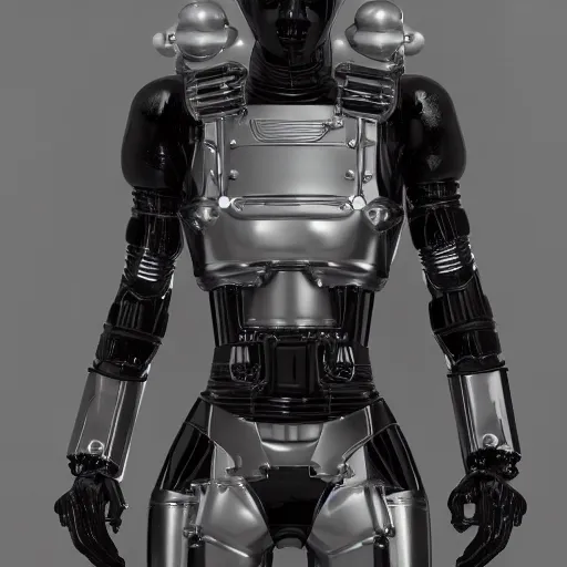 Image similar to Bauhaus designed humanoid with black rubber exterior and chrome accents, b3d, Houdini, Octane 8K render, far future, hyper detailed