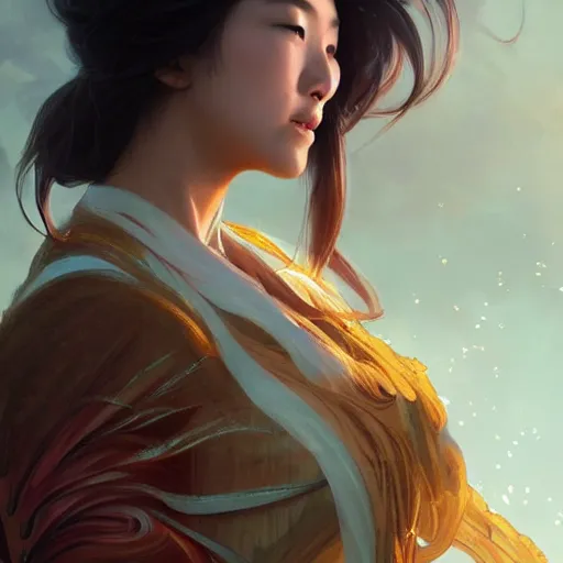 Image similar to asian female wind elemental, lifelike, portrait, highly detailed, digital painting, artstation, concept art, sharp focus, illustration, cinematic lighting, art by artgerm and greg rutkowski and alphonse mucha