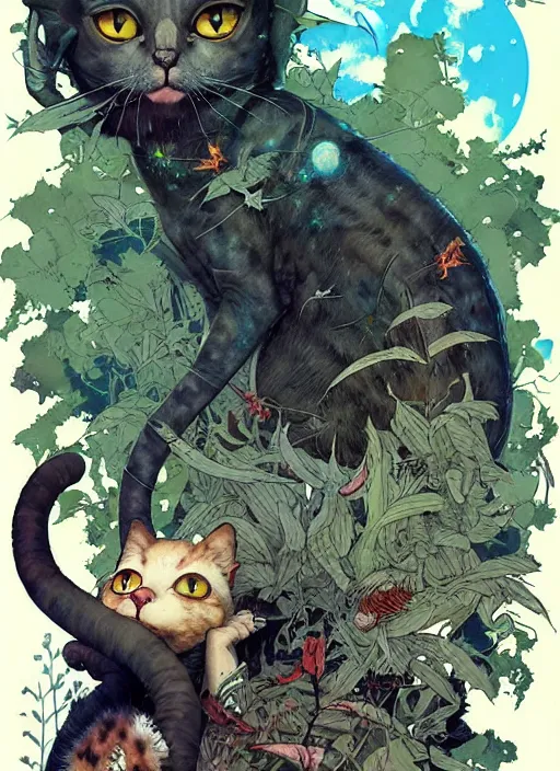 Image similar to a hyper realistic ink cat alien technology and sunbeams blue sky, lush forest foliage painting by chiara bautista and norman rockwell and greg rutkowski weta studio, and lucasfilm