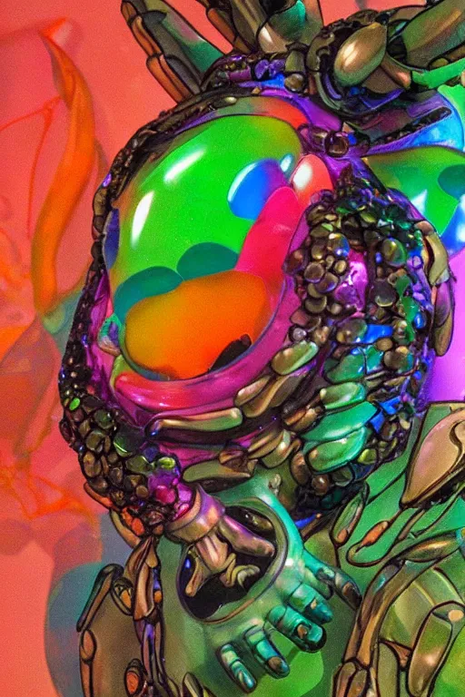 Image similar to a fat jelly super detailed anime character with fluo color detail, and muted arm colors, that looks like a insect, on top of a painting of plastic synthetic ionized metal flower sculptures