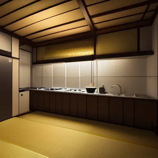 Prompt: still photo of a japanese kitchen, highly detailed, photorealistic portrait, bright studio setting, studio lighting, crisp quality and light reflections, unreal engine 5 quality render