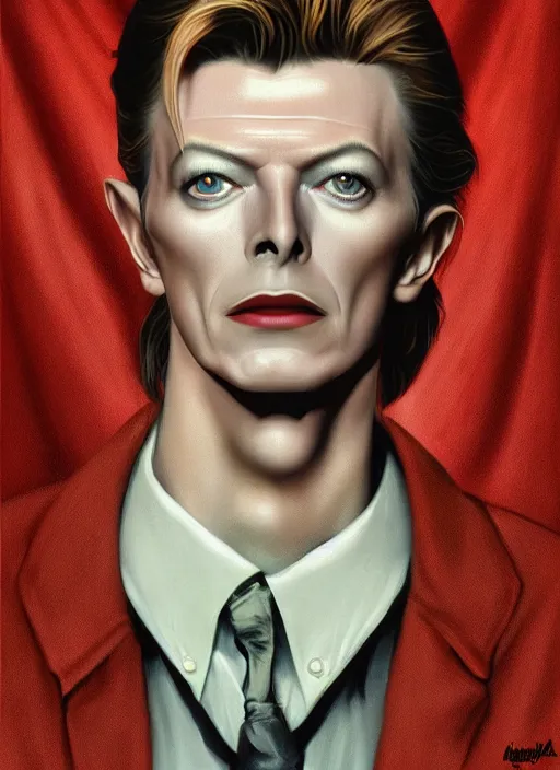 Image similar to twin peaks poster art, portrait of david bowie will he find the way out, by michael whelan, rossetti bouguereau, artgerm, retro, nostalgic, old fashioned