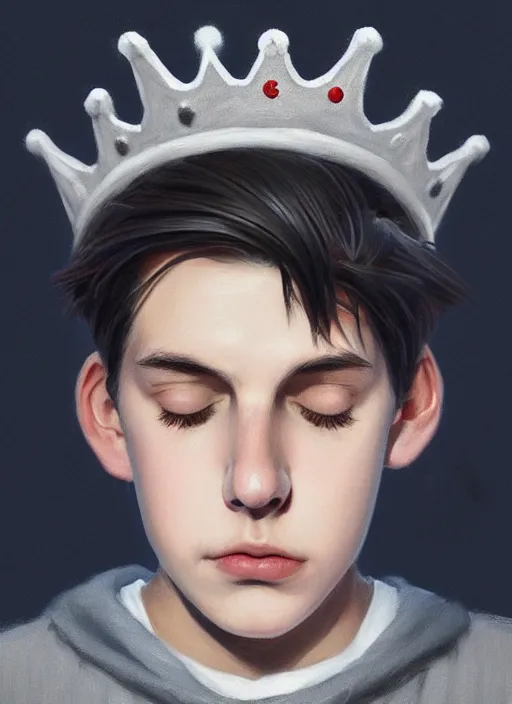 Image similar to portrait of teenage jughead jones wearing a light grey crown, photorealistic, crown, eyes closed, crown, black hair, sweater with letter s on it, letter s, intricate, elegant, glowing lights, highly detailed, digital painting, artstation, concept art, smooth, sharp focus, illustration, art by wlop, mars ravelo and greg rutkowski