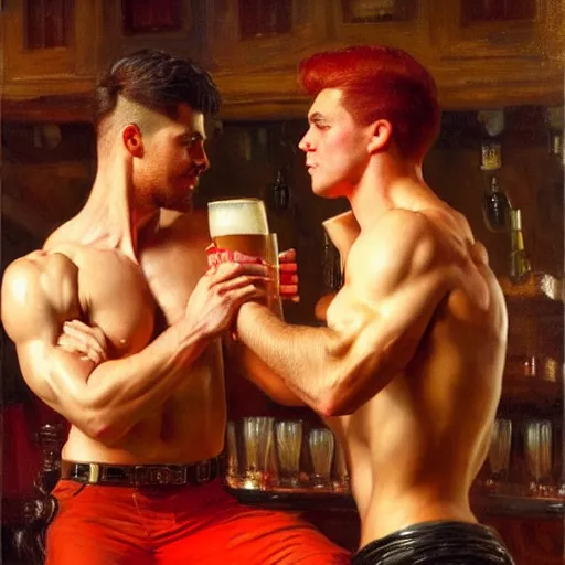 Image similar to attractive muscular male with red hair and muscular attractive male with black hair, drinking their hearts out, in a pub. very defined and highly detailed painting by j. c. leyendecker, gaston bussiere, craig mullins 8 k