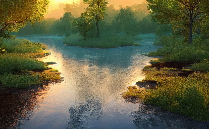 Image similar to a river in the middle of a forest at sunrise, vector art, trending on deviantart, highly detailed, high quality, 8 k, soft lighting, bloom, godrays, complementary colors, octane render, unreal engine 5, path traced, beautiful landscape, serene landscape, fancy colors