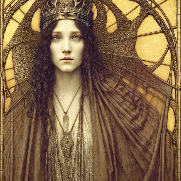 Image similar to detailed realistic beautiful young medieval queen face portrait by jean delville, gustave dore and marco mazzoni, art nouveau, symbolist, visionary, gothic, pre - raphaelite. horizontal symmetry