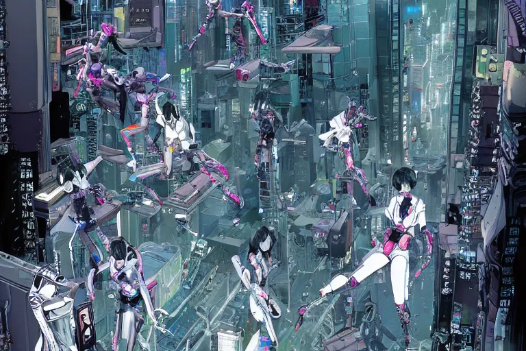 Image similar to a cyberpunk illustration of a group of four coherent cutely dressed female androids in style of masamune shirow, lying scattered across an empty, white floor with their bodies rotated in different poses and cables and wires coming out, by yukito kishiro and katsuhiro otomo, hyper-detailed, intricate, view from above, colorful