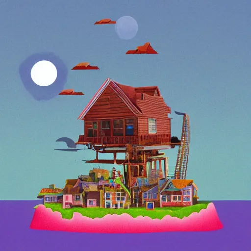 Image similar to a picture of a floating island with a house on it, an album cover by Justin Currie, polycount, plasticien, made of plastic, concert poster, made of trash