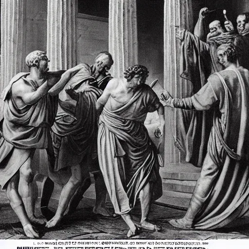 Prompt: a cheap film photograph of Roman Senators stabbing Julius Caesar in the back