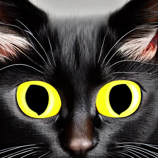 Prompt: black kitty with big black pupils, stylised digital portrait, soft light, yellow background