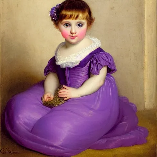 Image similar to portrait of a german toddler princess sitting down in a silk lavender gown, circa 1 8 3 7, by carl joseph begas, highly detailed, beautiful, oil on canvas, 1 8 3 0 s, romanticism