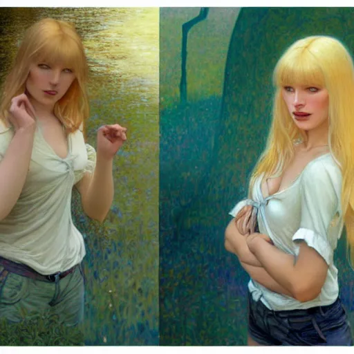 Prompt: A young woman with blonde long hair and bangs in shorts and white shirt drawn by Donato Giancola and Julie Bell, frank frazetta, alphonse mucha, background by James Jean and gustav klimt, 4k, volumetric lighting, french nouveau, trending on artstation, octane render, hyperrealistic