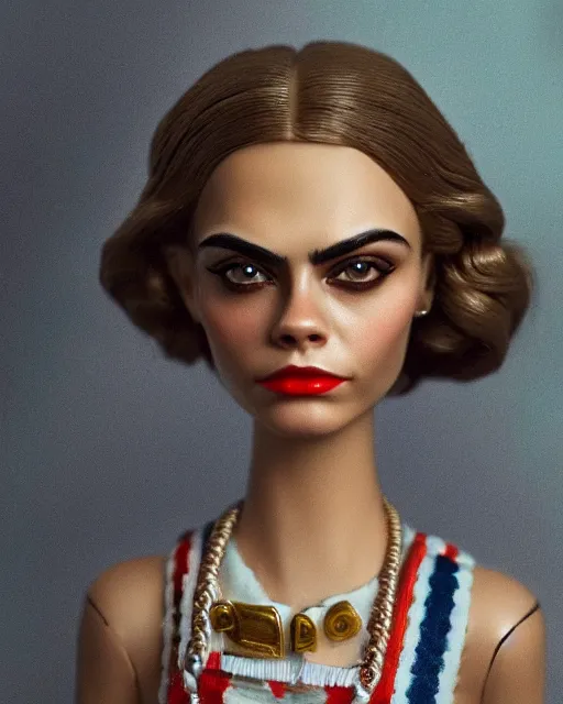 Prompt: closeup face profile portrait of cara delevingne as a tin toy fbi agent, bikini, depth of field, zeiss lens, detailed and intricate environment, fashion photoshoot by nicoletta ceccoli, mark ryden, lostfish, breathtaking, 8 k resolution, artistic, hyperrealistic, octane render