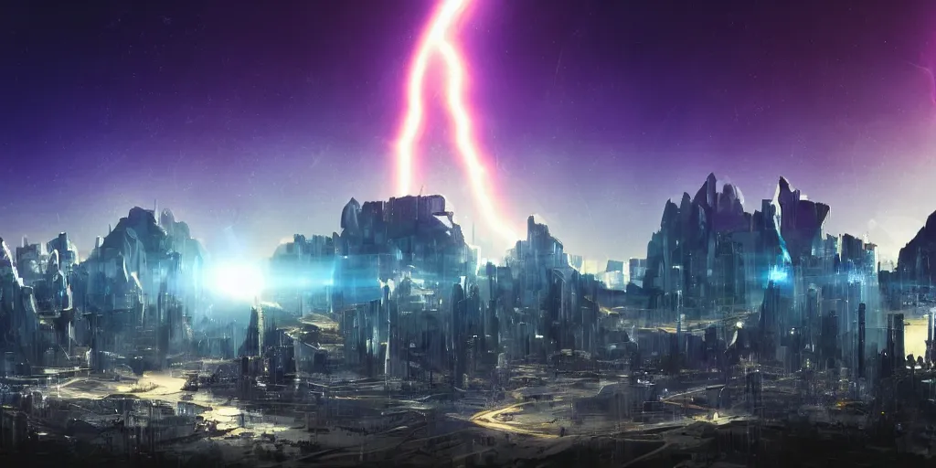 Prompt: scifi cityscape with mountains in the background and planets in the sky, beautiful, volumetric lightning