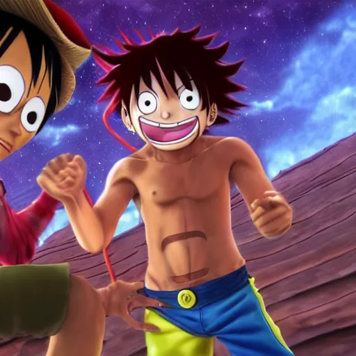 Prompt: joseph joe star verses monkey d luffy, lifelike, photo realistic, highly detailed, 8 k, hdr, detailed lighting, in space