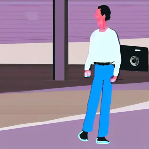 Prompt: 1 9 8 0 s 3 d animation of a man walking on the sidewalk listening to his cassette player