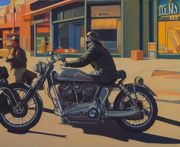 Image similar to a very detailed painting of a man wearing a leather jacket, riding a motorbike, harley davidson motorbike, worm's - eye view, very small brush strokes, in the style of edward hopper and grant wood and syd mead, 4 k,