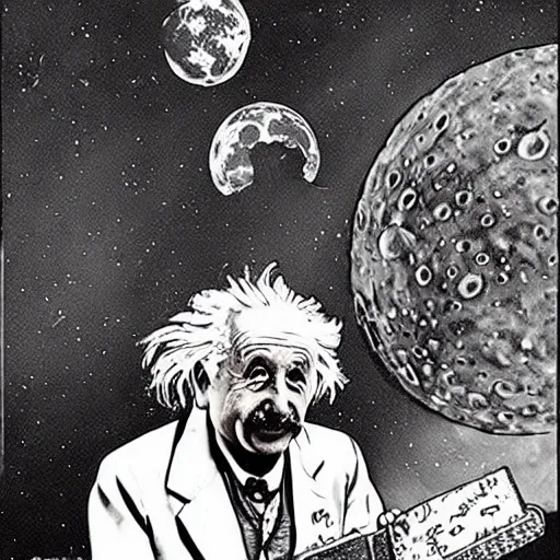 Image similar to Albert Einstein in a Bikini eating a Big Mac on the moon, high details, dali, comic, illustration