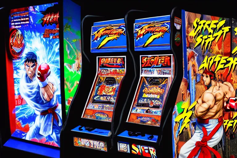 Prompt: photo of an arcade machine, street fighter Ryu fist is punching out of the screen, glass shards, sparks, high resolution, hd, 4k