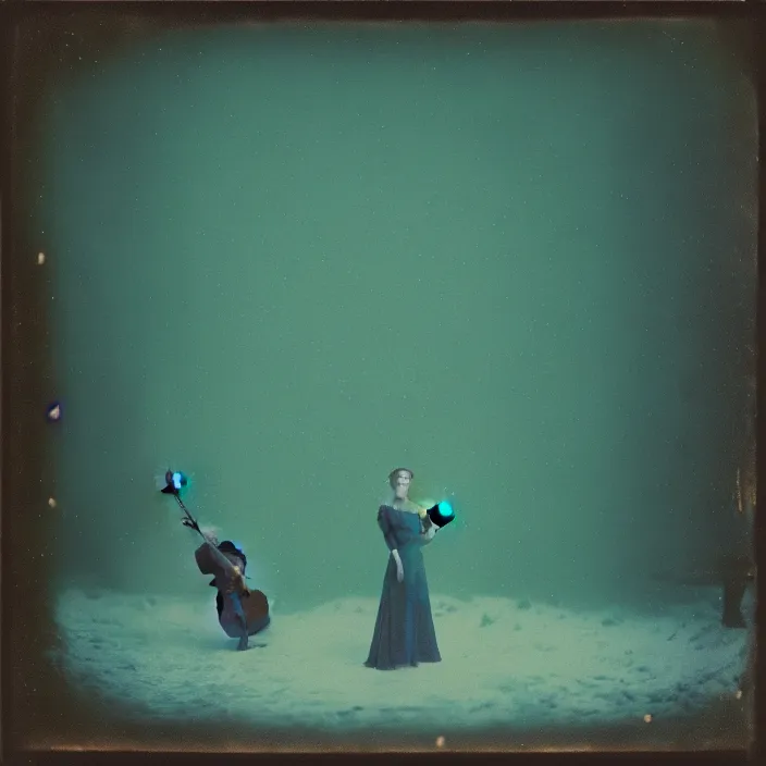 Prompt: orchestra, kodak portra 4 0 0, wetplate, muted colours, teal orange, 1 9 1 0 s style, motion blur, portrait photo of a backdrop, sparkling, stargazer, snow, fog, by georges melies and by britt marling