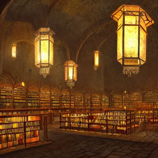 Prompt: an ancient medieval library deep underground, lanterns, misty, bright, atmospheric, painting, hyper-realistic, high fantasy, final fantasy, sunshine