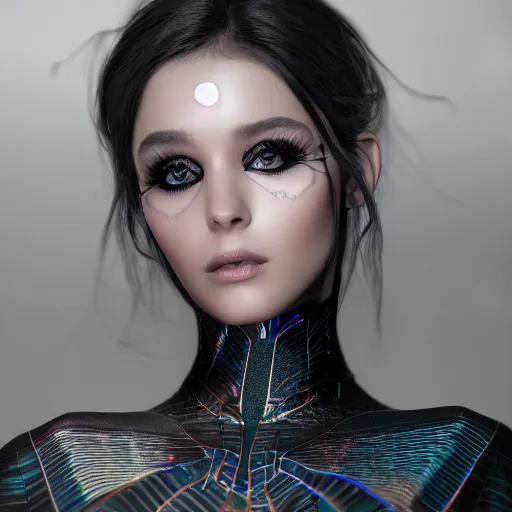 Image similar to beautiful girl in a dress made of black iridescent dust, beautiful portrait, symmetrical, character concept style trending on artstation concept art detailed octane render cinematic photo - realistic 8 k high detailed