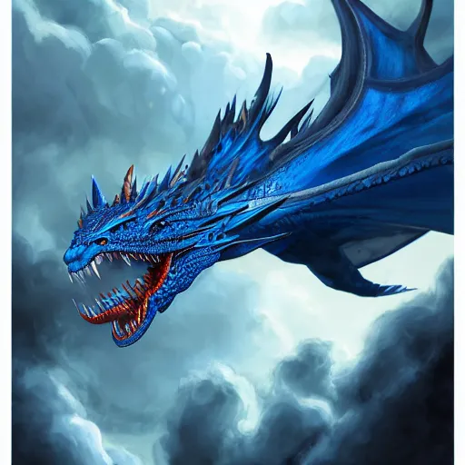 Prompt: huge blue dragon in flight by plutus su and chris scalf and lucas graciano and billy christian and alex konstad and mark zug, mountains, blue and white color palette, painting, d & d, fantasy, detailed, realistic, complimentary colors, light, artstation, cinematic, dramatic lighting, close up, storm clouds, hudson river school