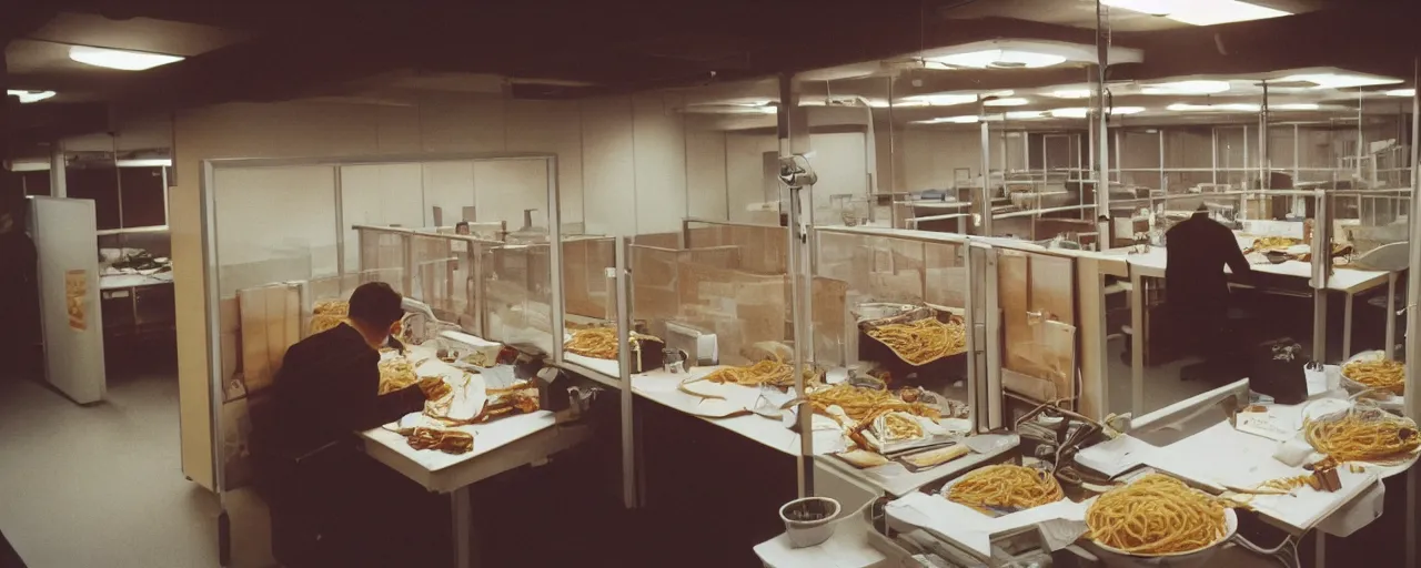 Image similar to security cam photo of a worker eating spaghetti!! alone at their cubicle, evening, kodachrome, in the style of wes anderson, retro