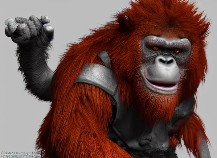 Image similar to extremely scary angry tough rough looking samurai orangutan. japanese warrior character, scary, gruffness, interesting 3 d character concept by square enix, in the style of league of legends, hyper detailed, cinematic, final fantasy, character concept, ray tracing, fur details, maya, c 4 d, artstation