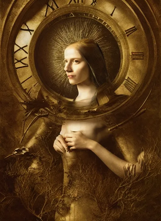 Prompt: portrait of a women who invented time in darkness, modern fine art, fractal, intricate, elegant, highly detailed, digital photography, subsurface scattering, by jheronimus bosch and greg rutkowski,