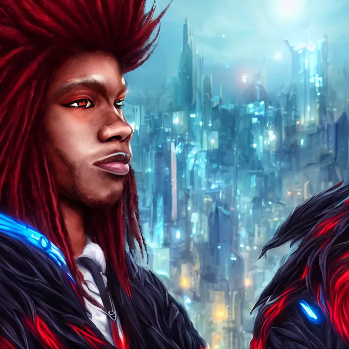 Prompt: portrait of male anthropomorphic black anime wolf, long red hair, blue eyes, in a futuristic city, hyper detailed, digital art, trending on artstation, cinematic lighting, studio quality, smooth render, unreal engine 5 rendered, octane rendered, 1 : 1 aspect ratio